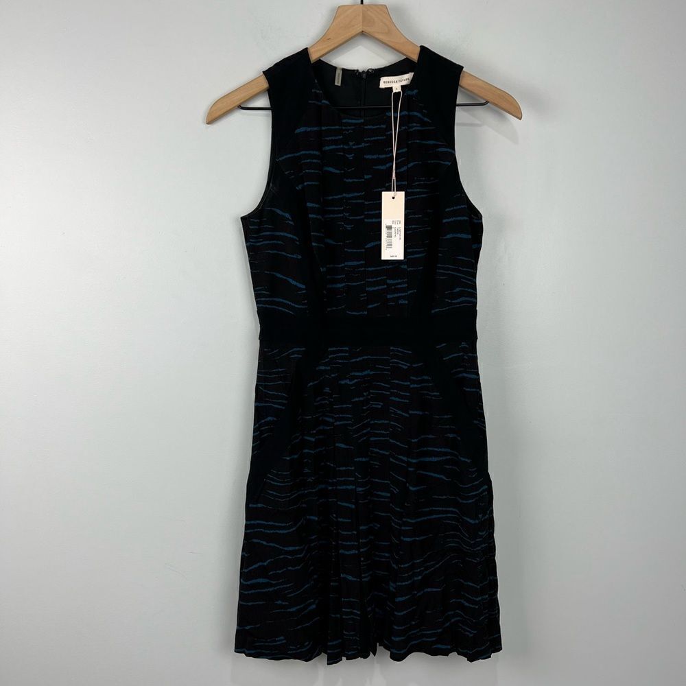 Nwt Rebecca Taylor Blue& Black Tiger Pleated Dress